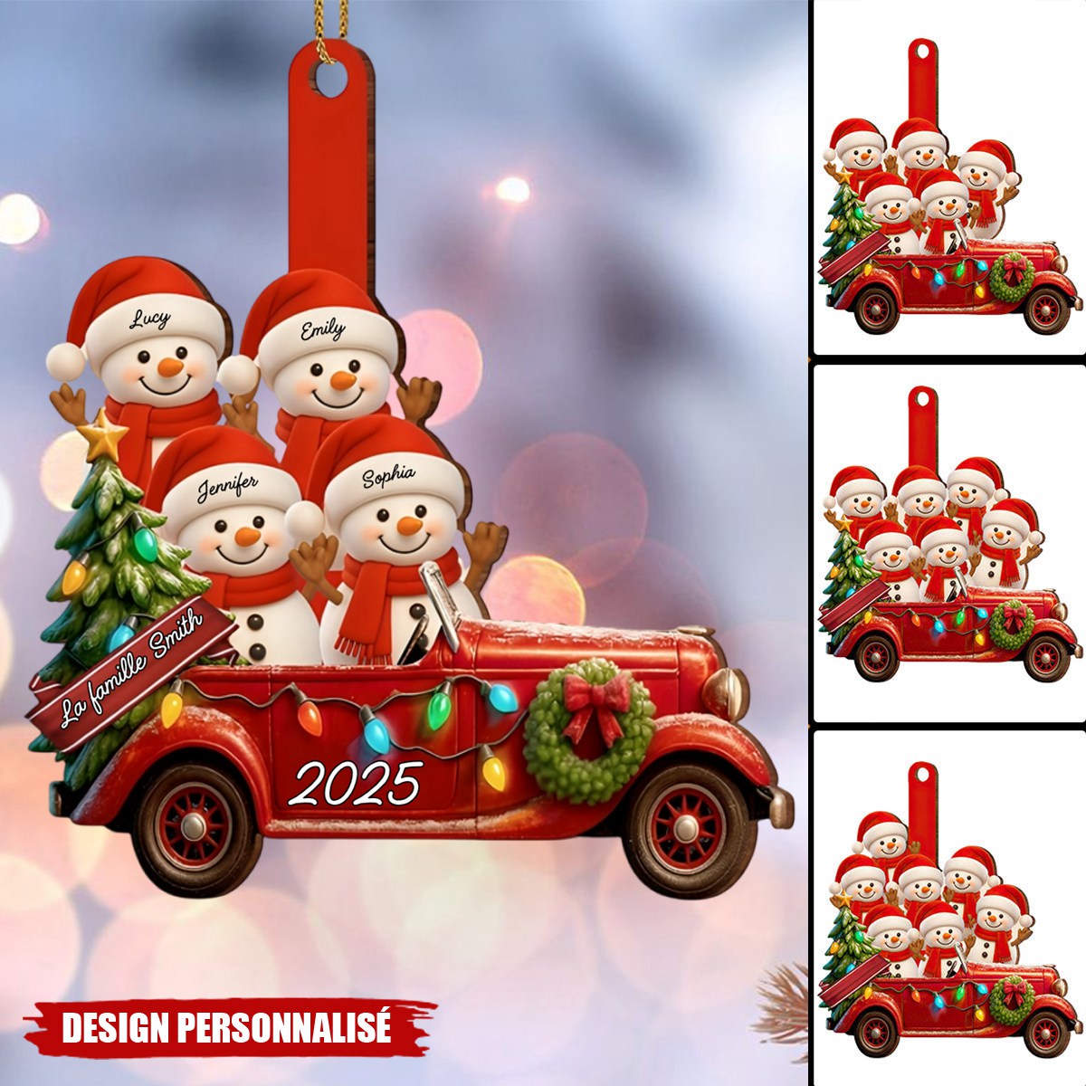 Suspension de Noël Personnalisée – Famille Bonhommes de Neige en Voiture Vintage