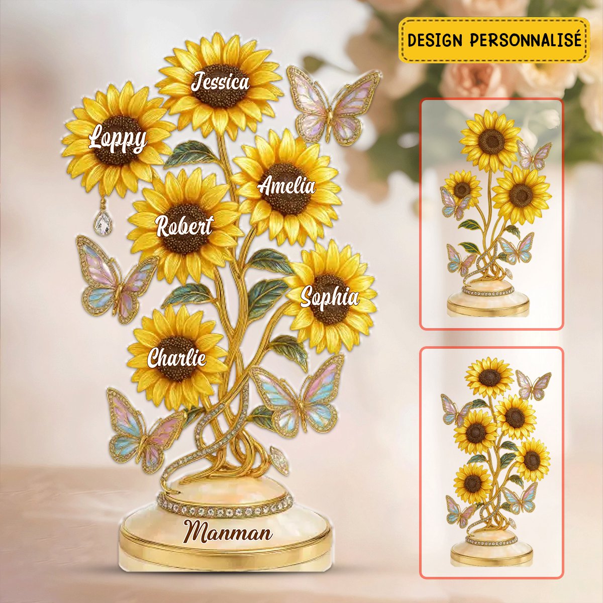 Cadeau Personnalisé pour Mamie - Sculpture de Tournesols avec Noms des Petits-Enfants