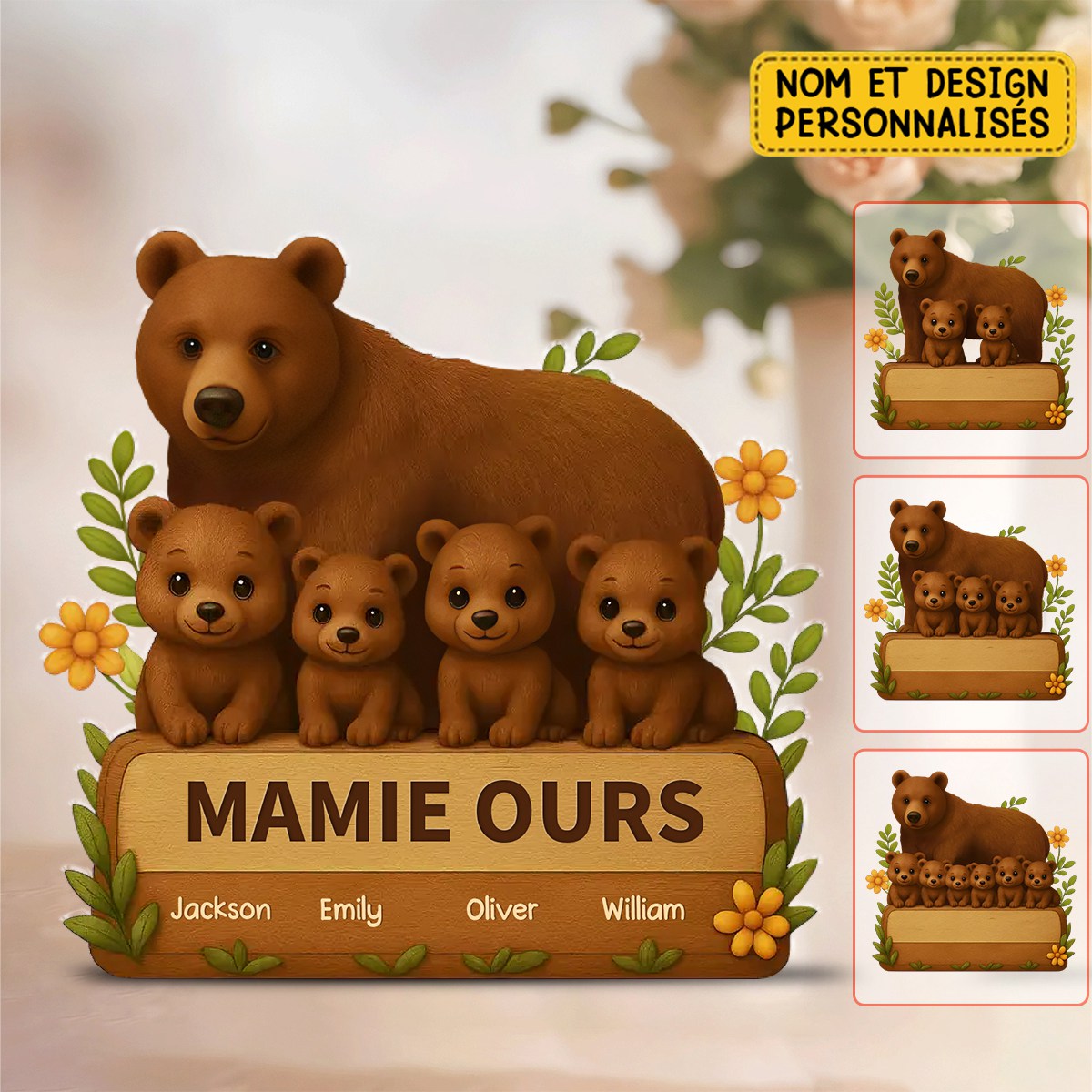 Panneau Décoratif Personnalisé Famille d’Ours – Cadeau Mignon pour Mamie