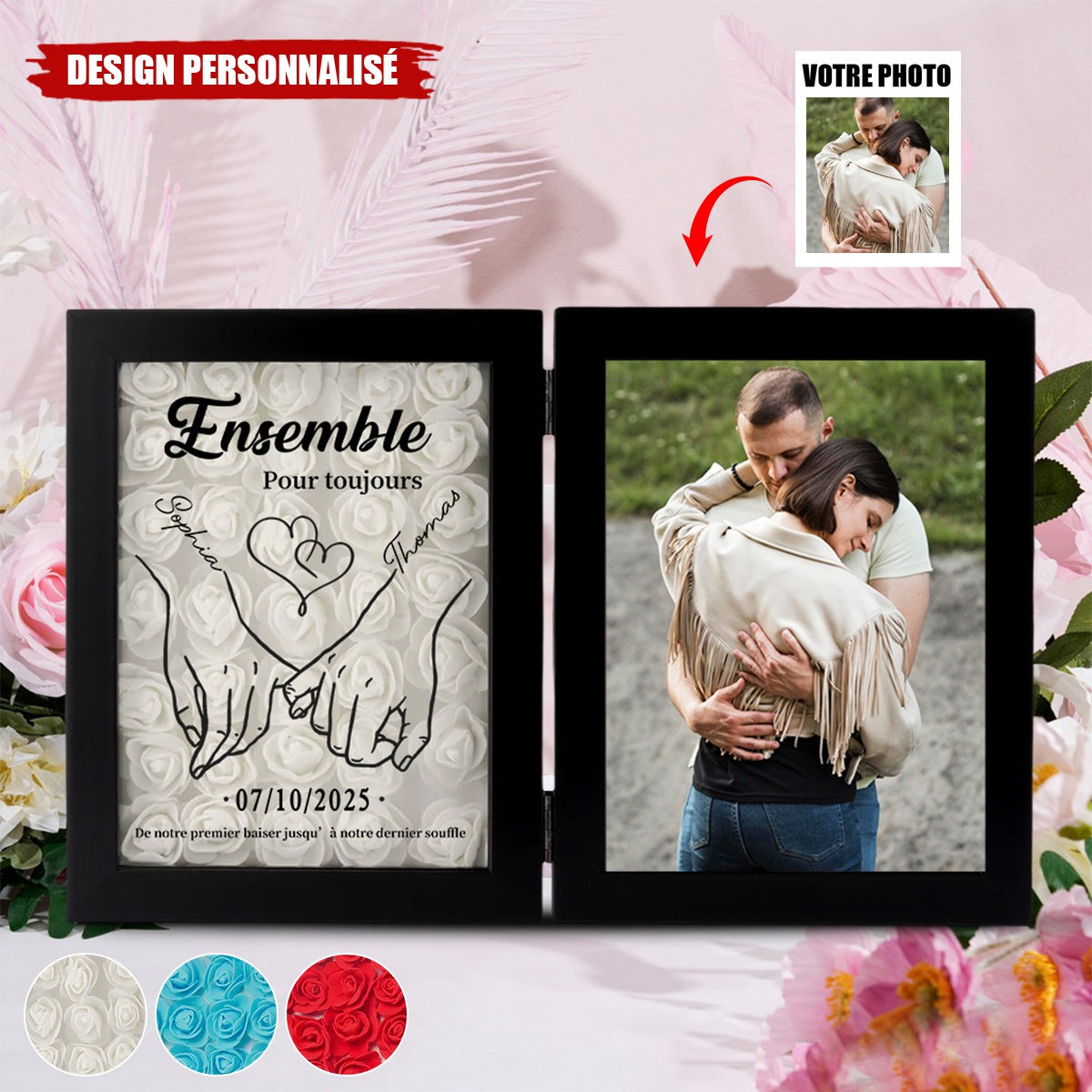 Cadre Double Personnalisé avec Fleurs pour Couple- Cadeau Romantique Unique