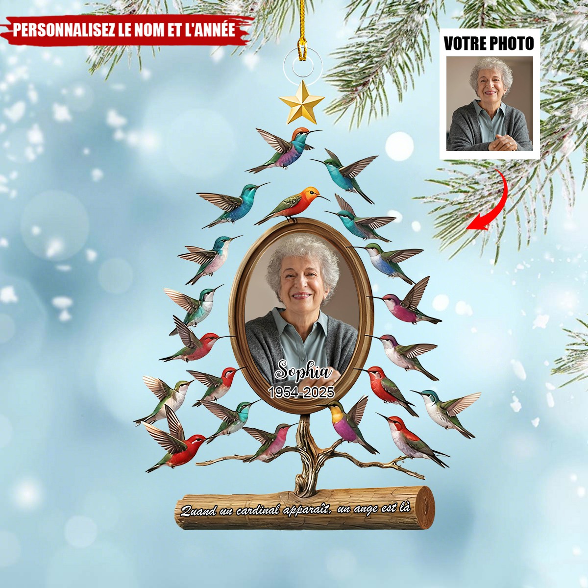 Décoration Commémorative Personnalisée – Arbre à Colibris avec Photo et Année