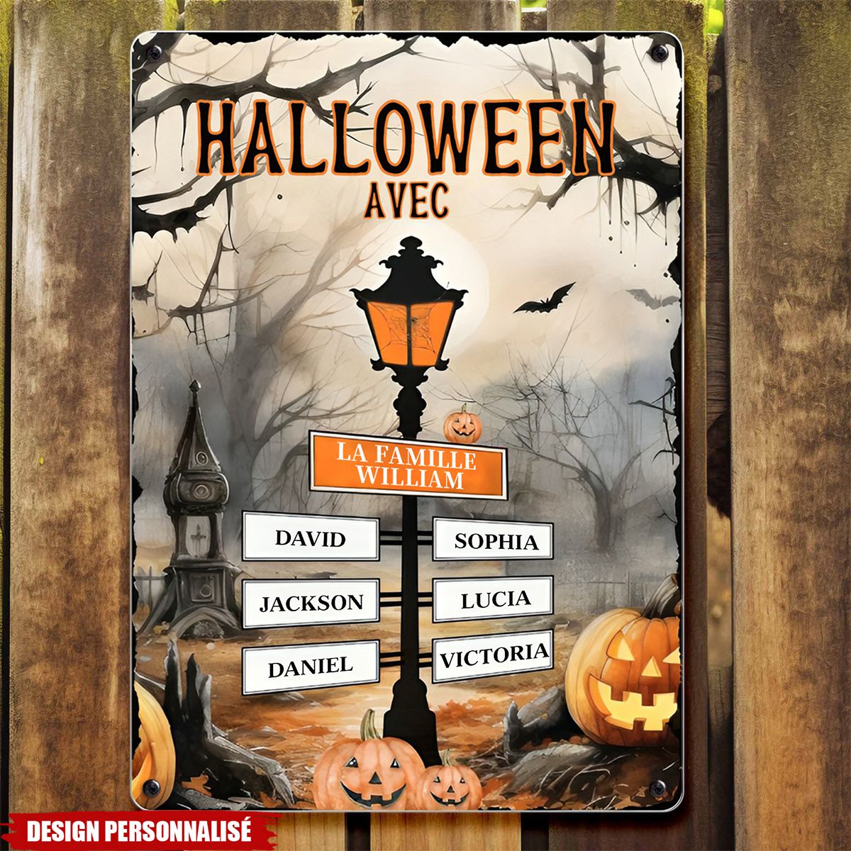 Panneau Métallique Personnalisé Halloween- Décoration Familiale Unique avec Noms