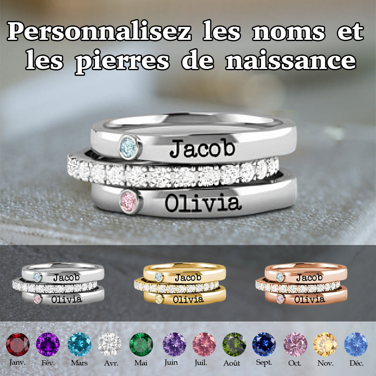 Bague Couple Personnalisée avec Noms et Pierres de Naissance