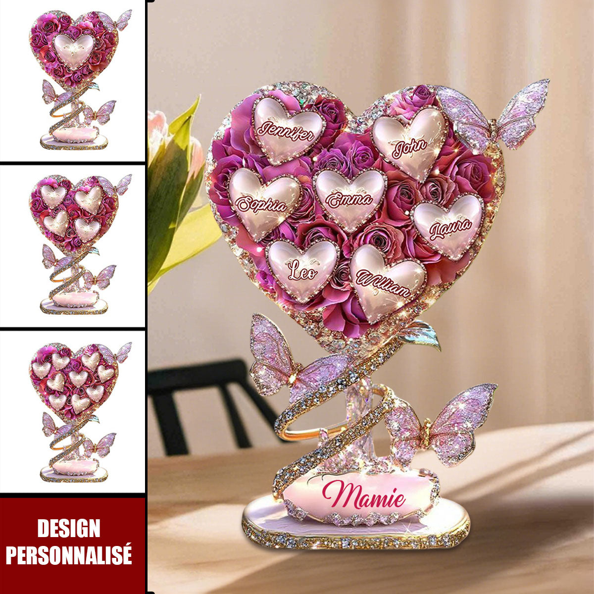 Plaque Cœur Rose Personnalisée avec Prénoms – Cadeau Émotionnel pour Mamie, Maman