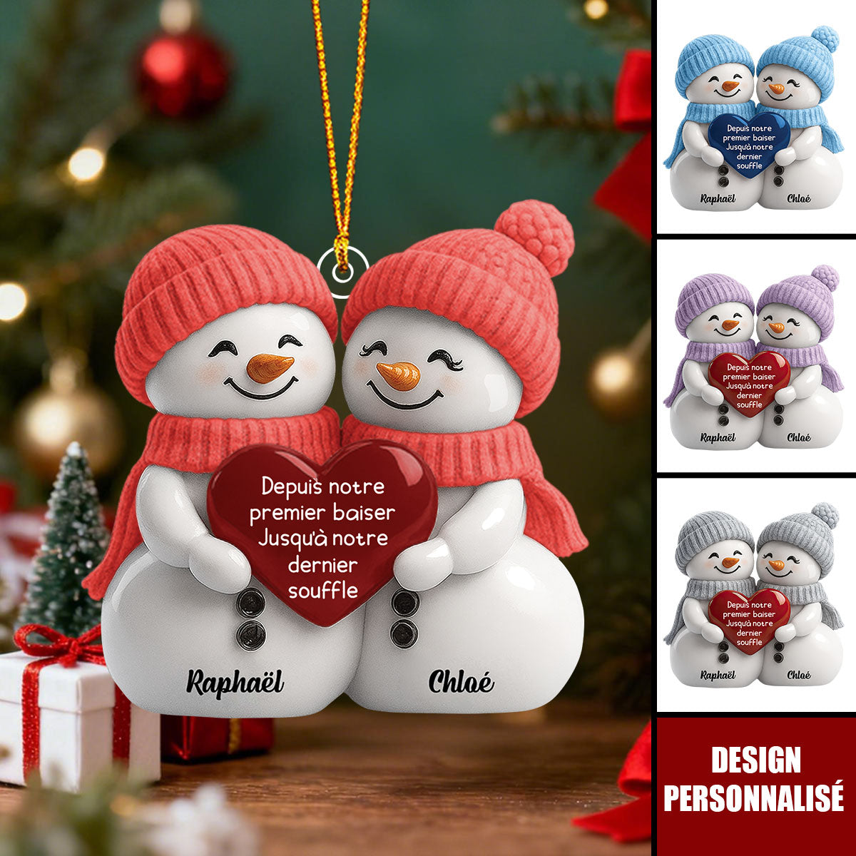 Ornement Personnalisée Couple de Bonhommes de Neige – Cadeau d’Amour Unique
