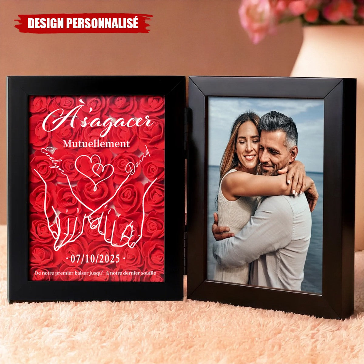 Cadre Double Personnalisé avec Fleurs pour Couple- Cadeau Romantique Unique