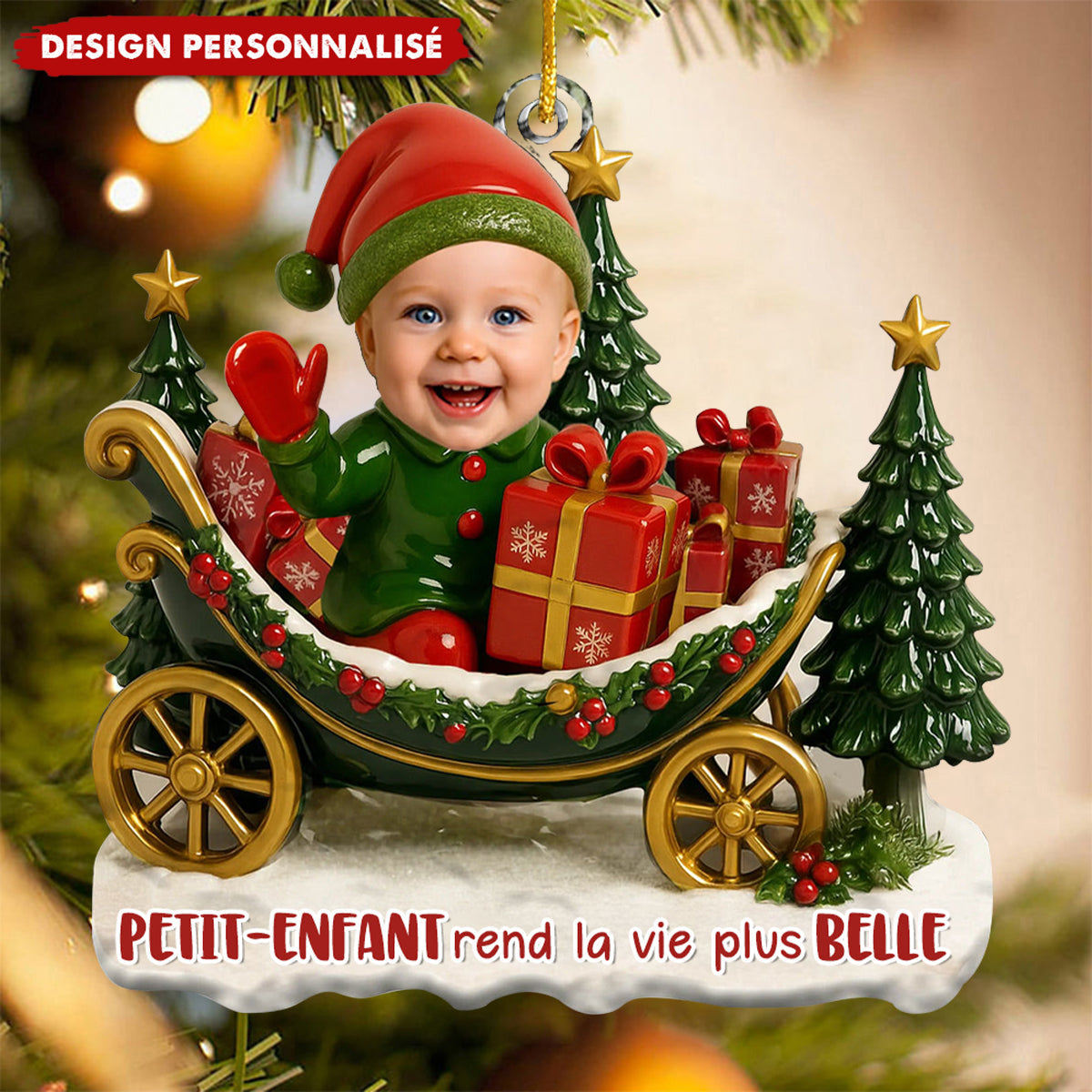 Décoration de Sapin Personnalisée – Traîneau de Noël avec Enfants