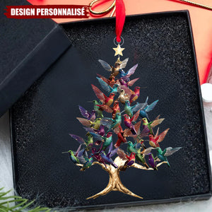 Ornement Acrylique Personnalisé – Arbre de Noël aux Colibris Multicolores