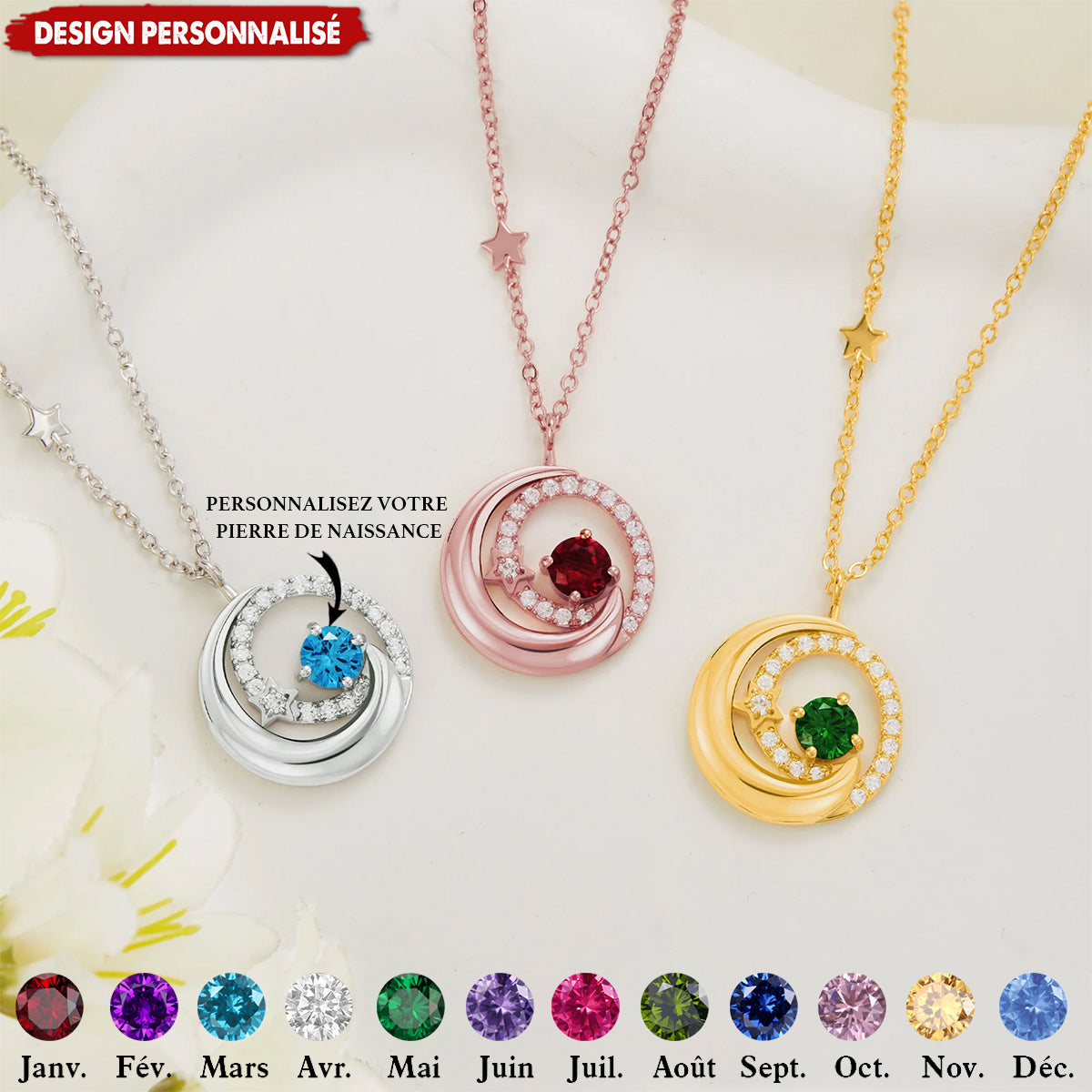 Collier Lune-Étoile avec Pierre de Naissance Personnalisée – Bijou Élégant et Unique