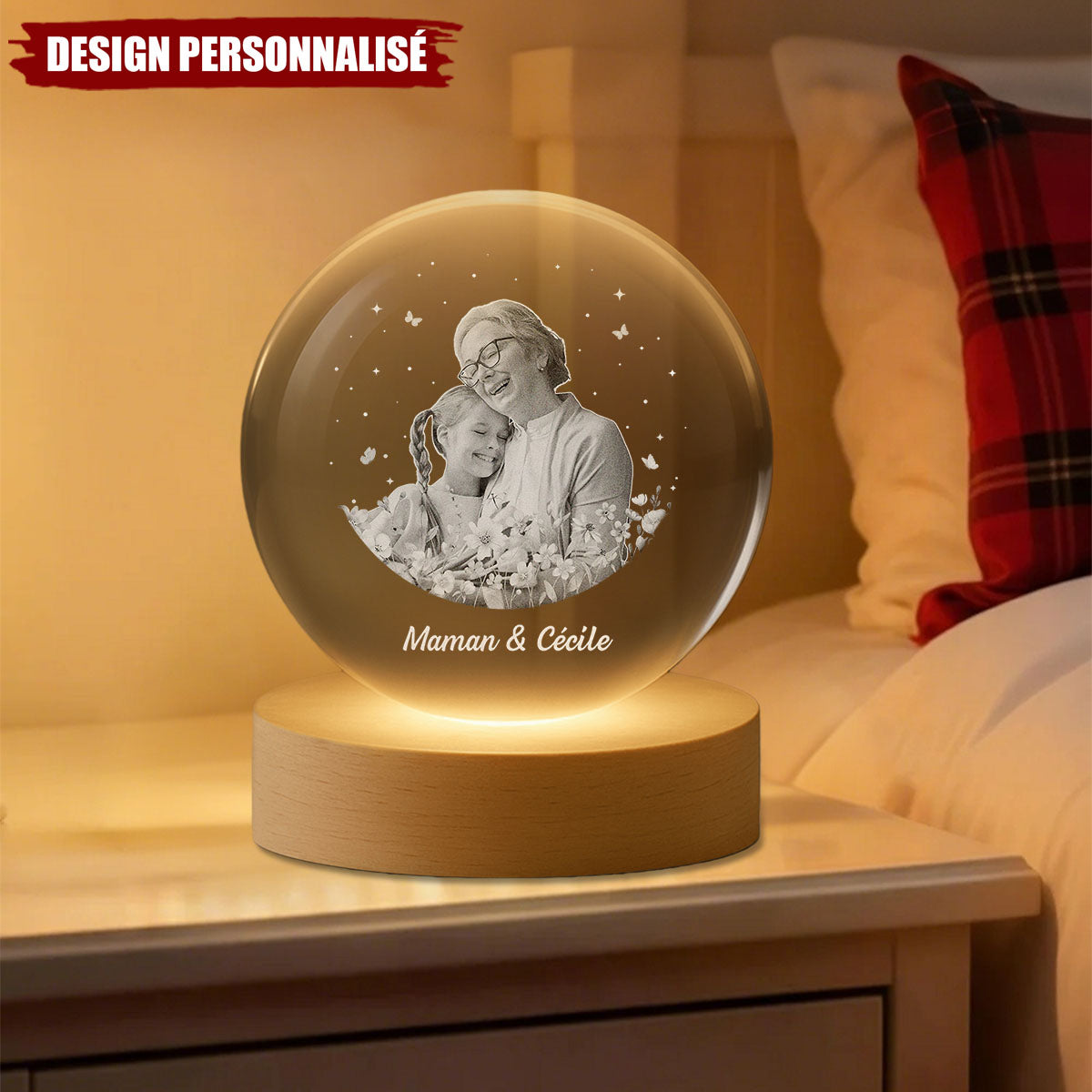 Lampe de nuit en cristal personnalisée avec photo - Le cadeau parfait pour maman