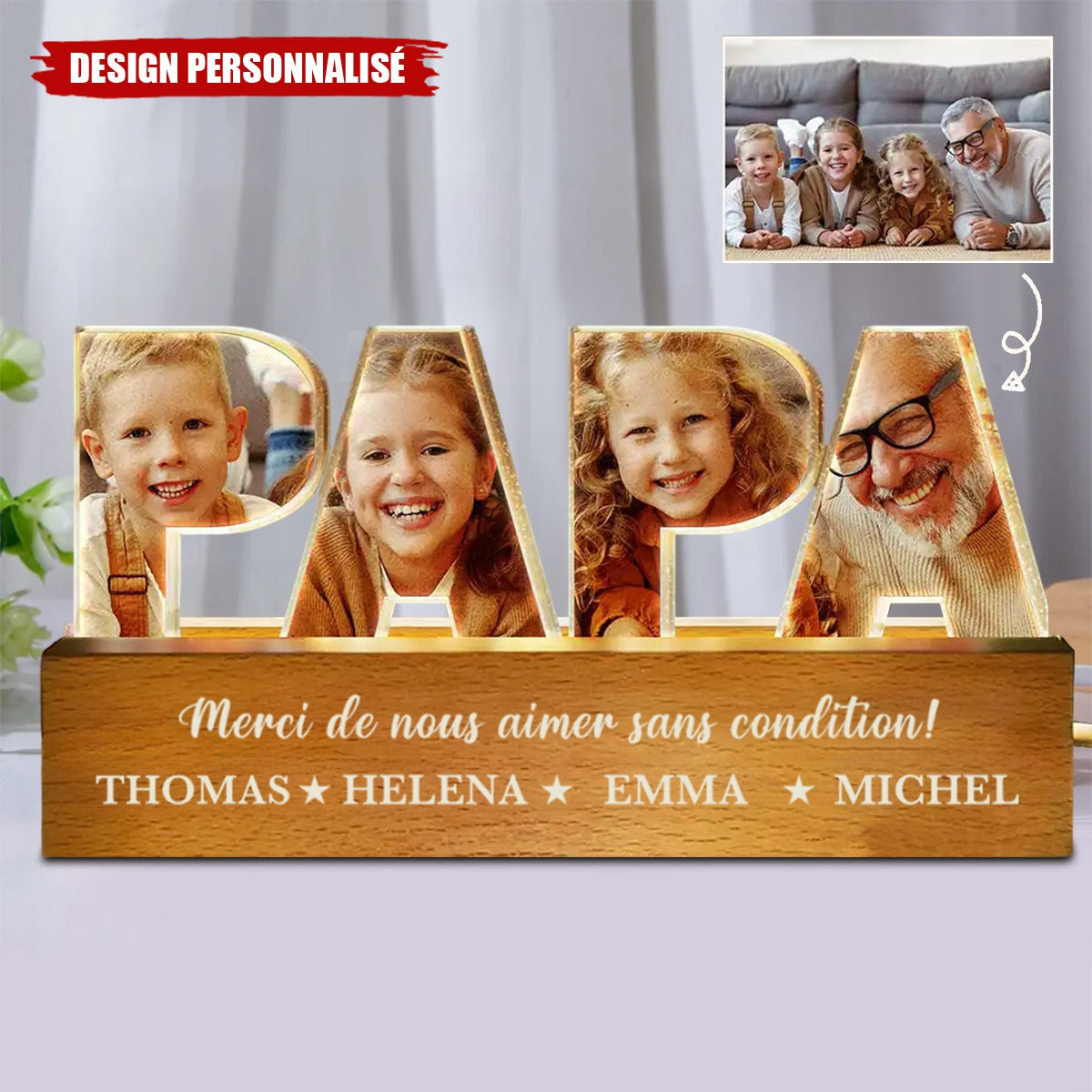 Lampe Photo Personnalisée "PAPA" avec Prénoms – Cadeau Émotionnel pour Papa
