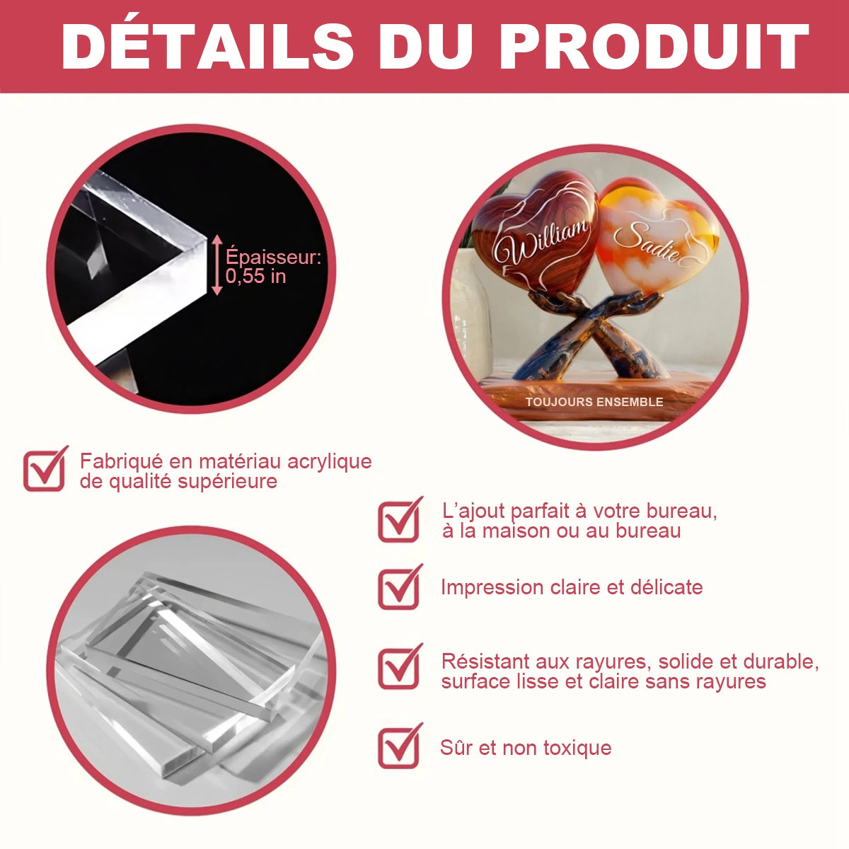 Plaque Acrylique Personnalisée – Deux Cœurs Tenus par des Mains, Cadeau Romantique pour Couple