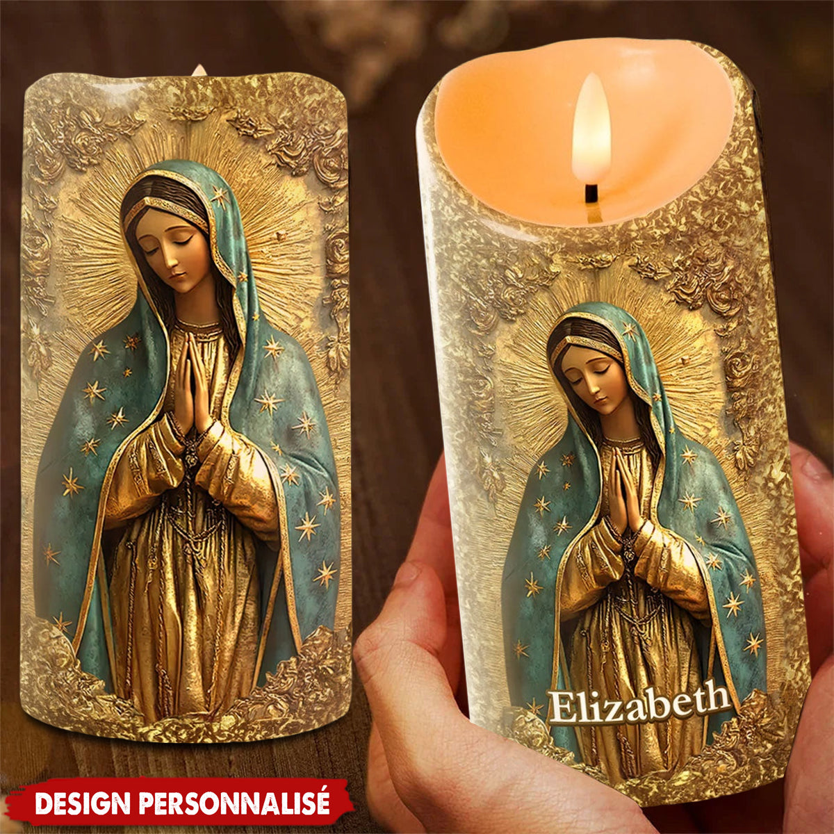 Bougie LED Personnalisée avec Sainte Vierge Marie – Lumière Spirituelle et Décoration Émotionnelle