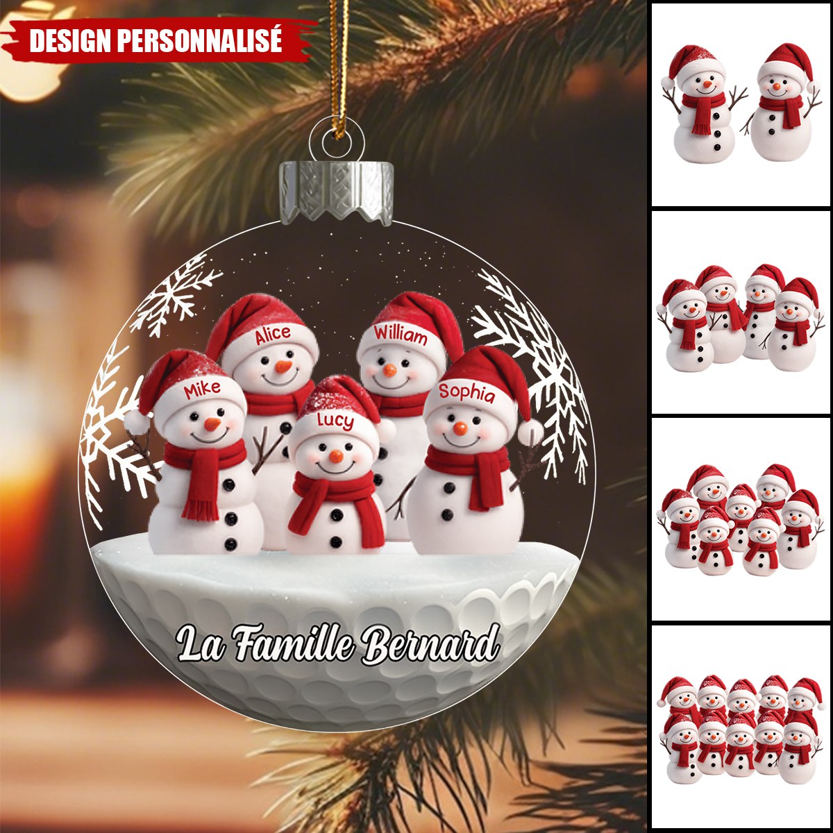 Ornement de Noël Personnalisée – Famille de Bonhommes de Neige avec Prénoms