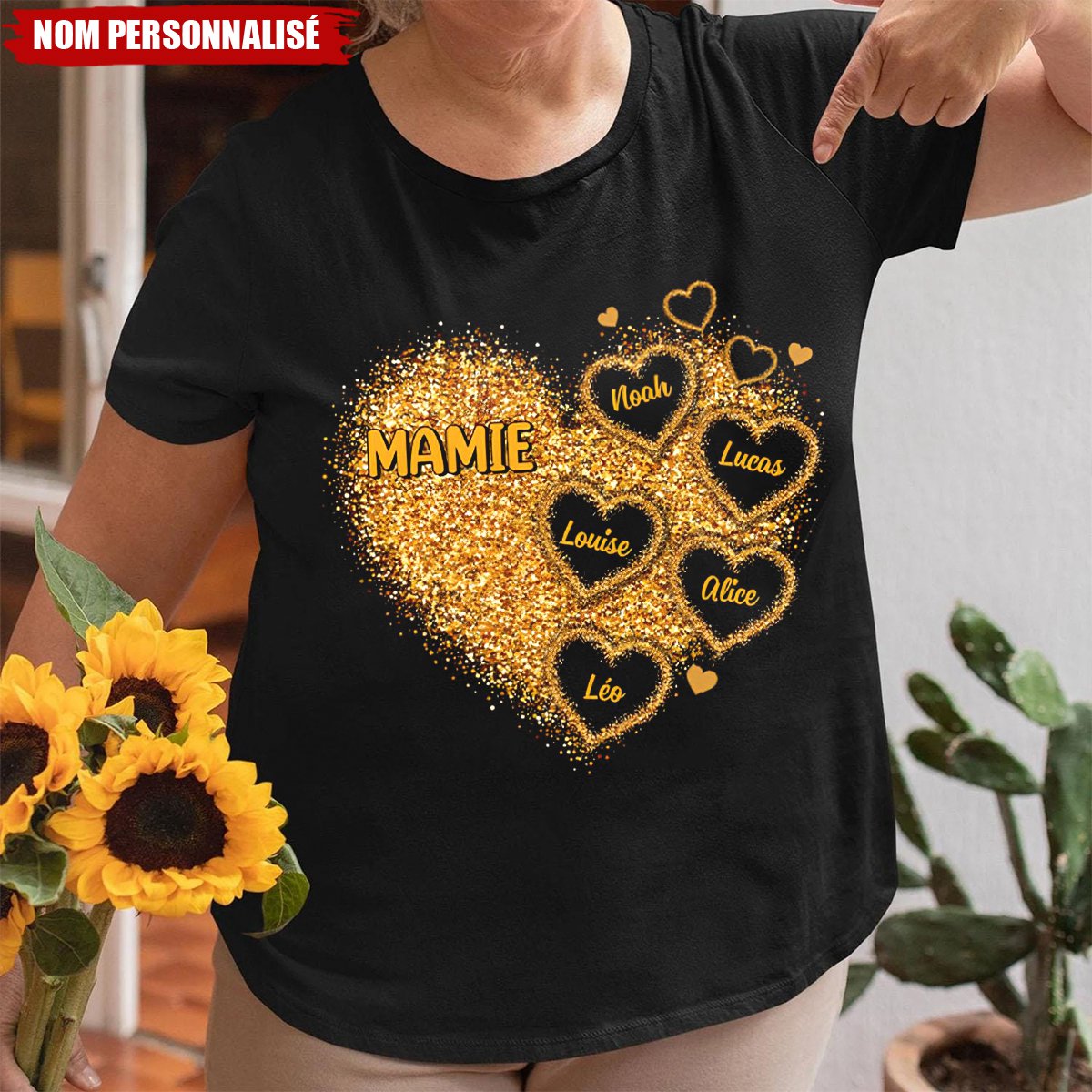 T-shirt Personnalisé Mamie – Cœur Scintillant avec Prénoms des Petits-Enfants