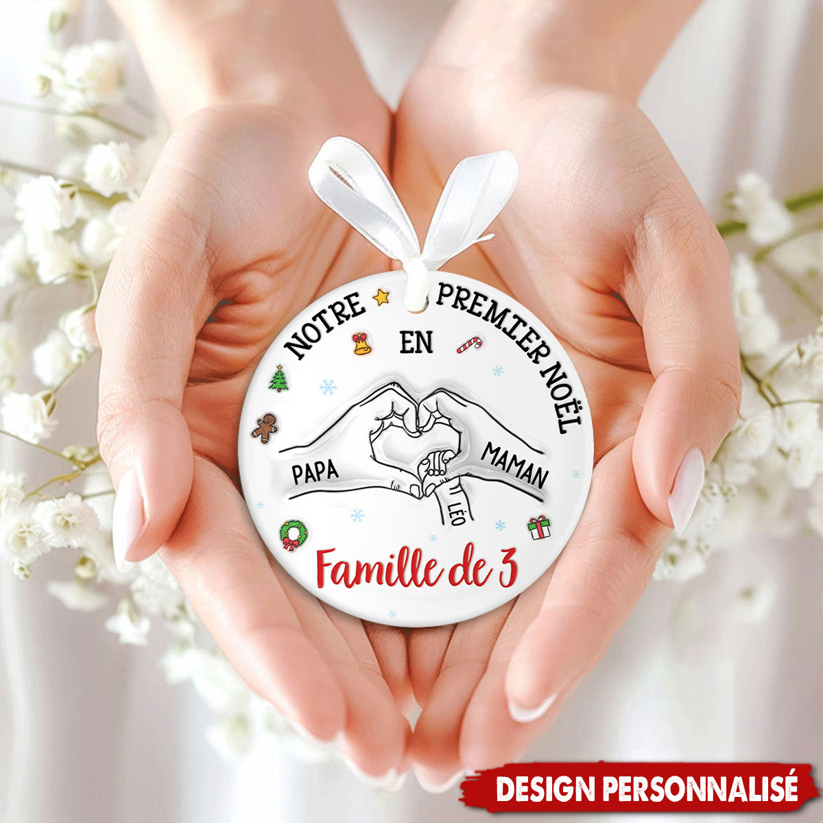 Ornement de Noël en Céramique Personnalisé – Premier Noël en Famille avec Prénoms et Date