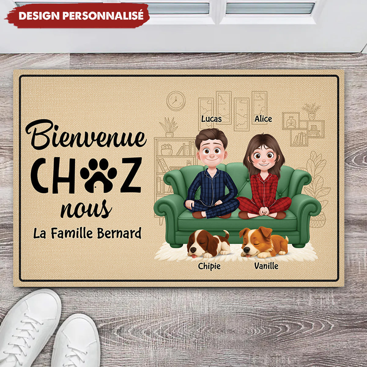 Tapis de Bienvenue Personnalisé – Famille & Animaux, Cadeau Unique pour la Maison