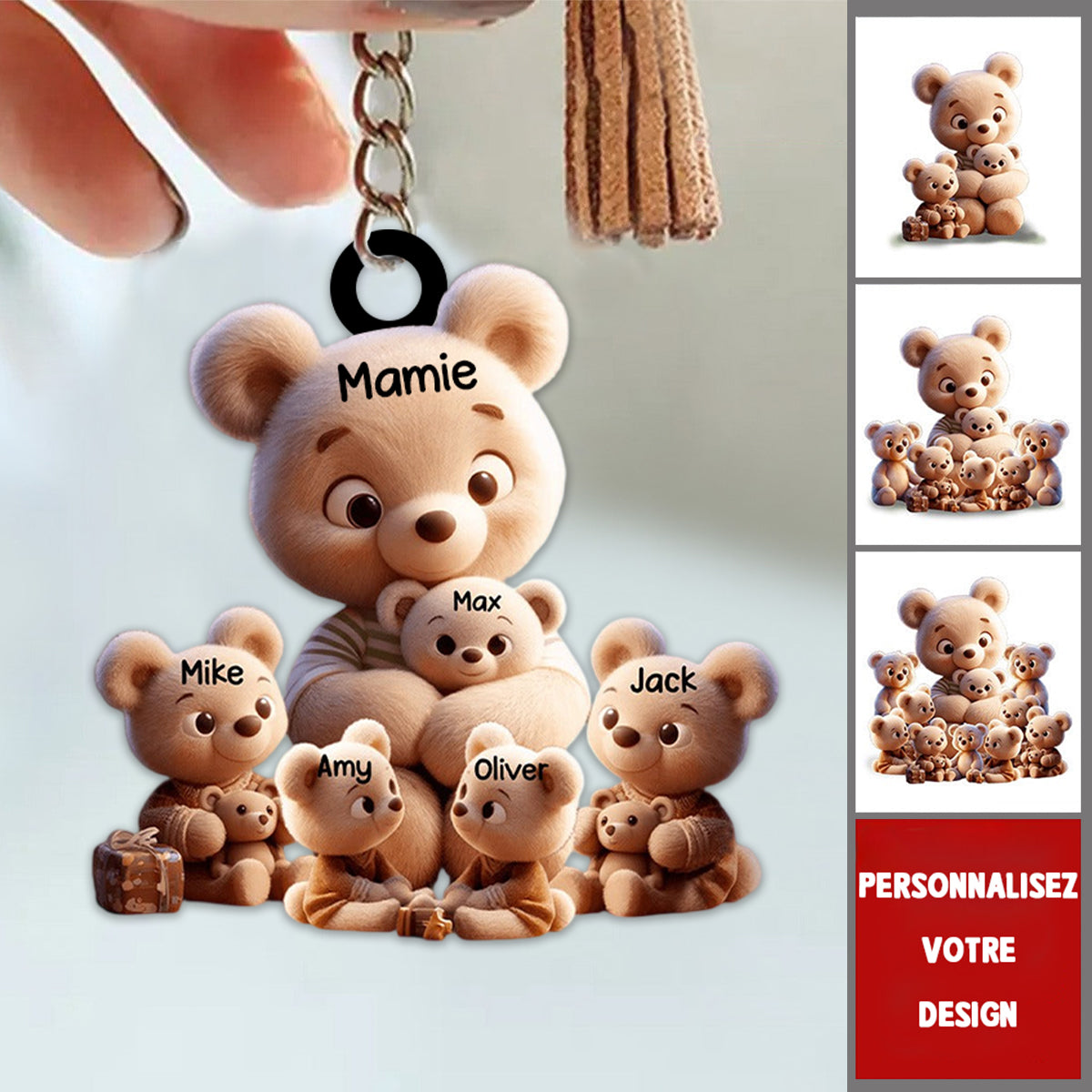 Porte-Clés Famille d’Ours Personnalisé – “Mamie et ses Petits Oursons”