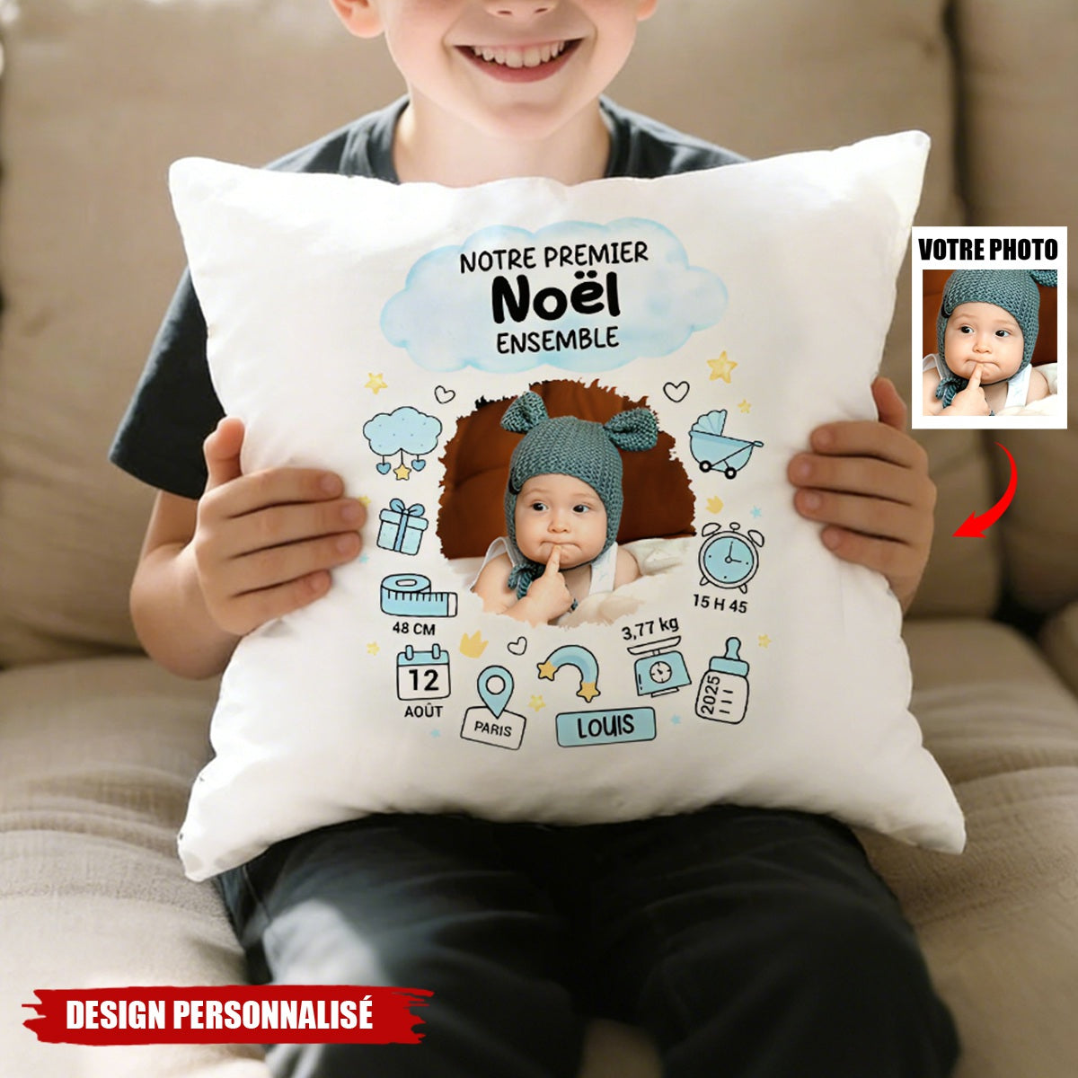 Coussin Bébé Personnalisé – Souvenir de Naissance & Premier Noël