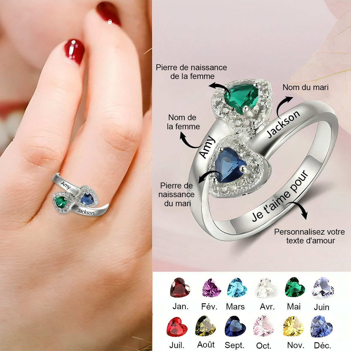 Bague personnalisée avec pierres de naissance pour Mari et Femme – Gravure personnalisée avec texte d'amour