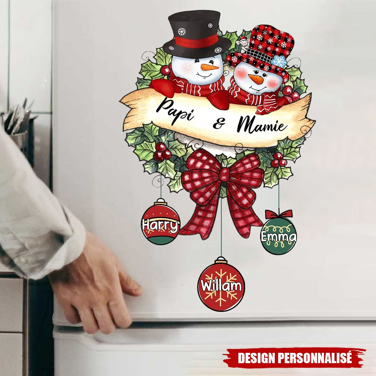 Autocollant Personnalisé de Noël  – Famille Bonhommes de Neige avec Prénoms