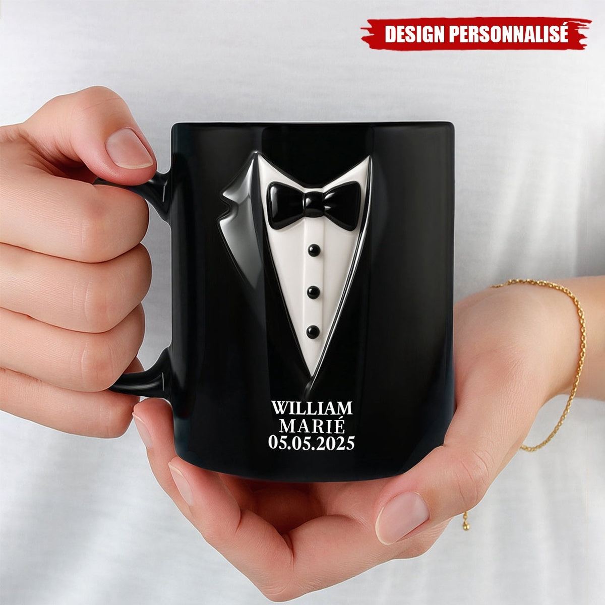 Mug de Mariage Personnalisé – Robe de Mariée et Costume Élégant avec Noms et Date