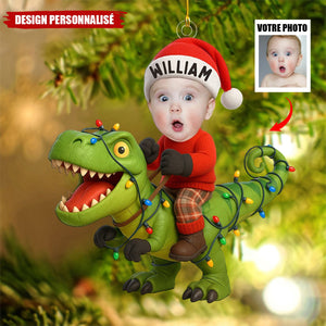 Ornement Photo Personnalisée Bébé sur Dinosaure – Décoration de Noël Unique