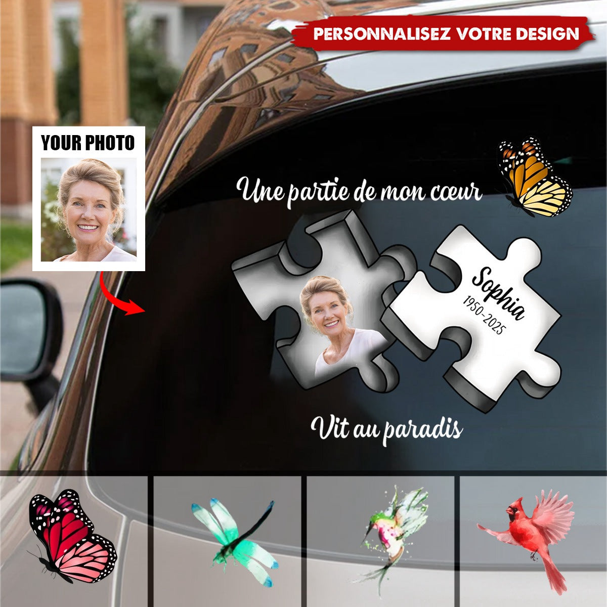 Une Partie de Mon Cœur Vit au Paradis - Autocollant Commémoratif Personnalisé en Mémoire d’un Être Cher