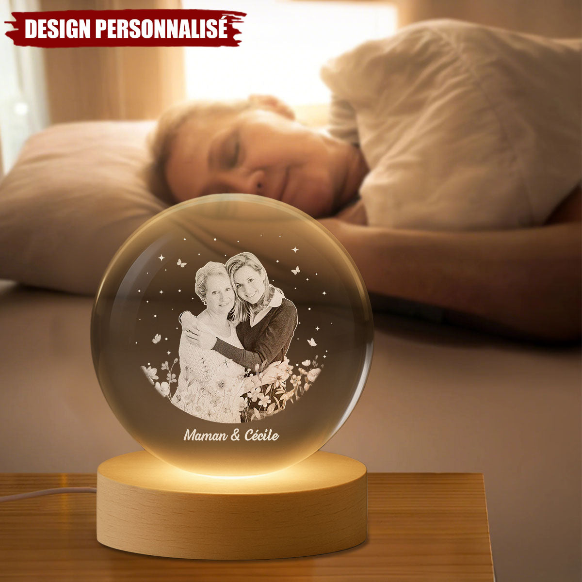 Lampe de nuit en cristal personnalisée avec photo - Le cadeau parfait pour maman