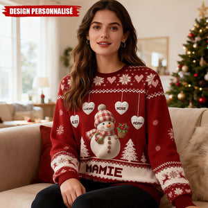Pull de Noël Personnalisé Bonhomme de Neige – Cadeau Unique pour Papy et Mamie