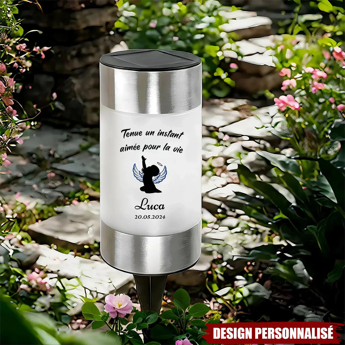 Lampe Solaire de Jardin Personnalisée – Cadeau commémoratif familial avec nom et silhouette