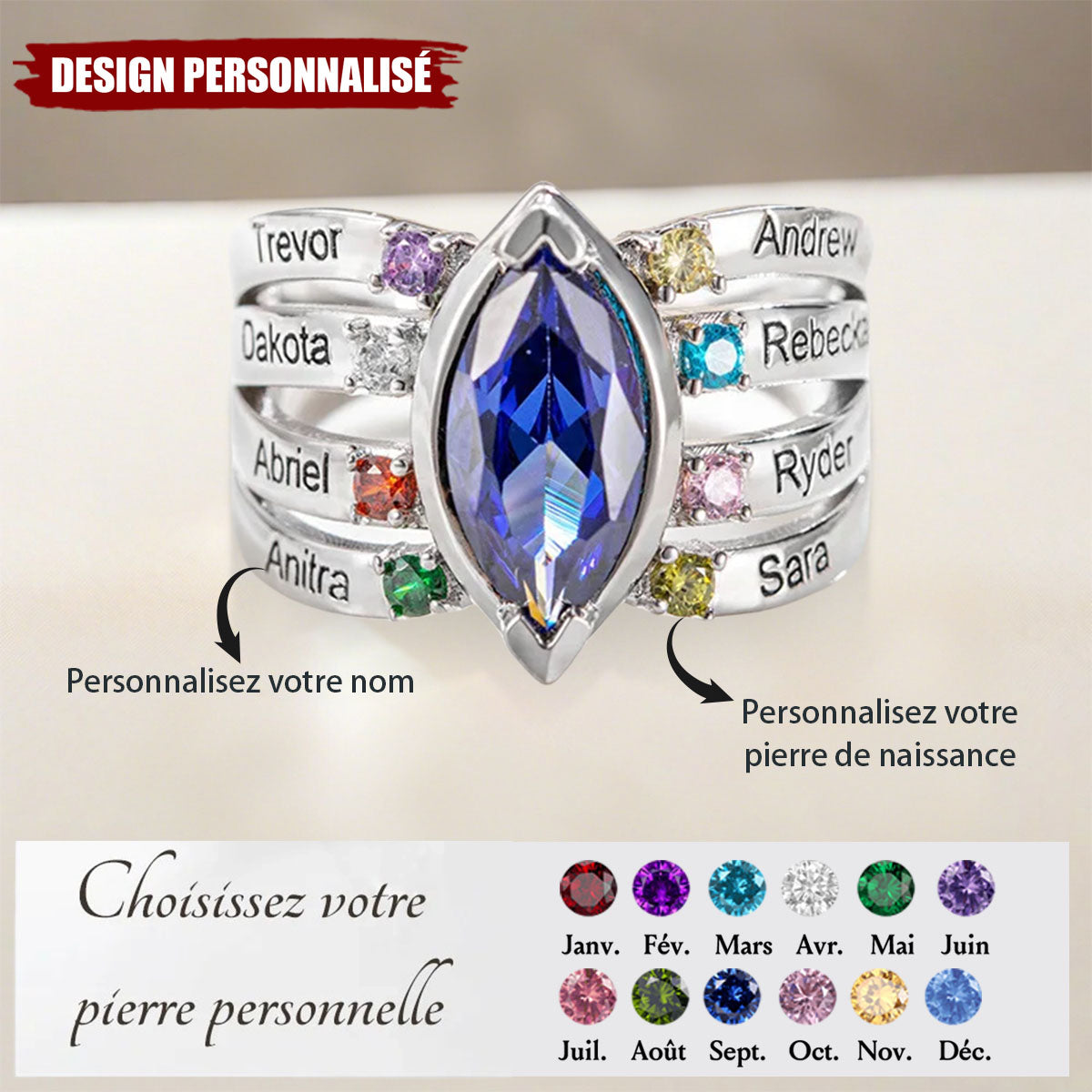 Bague Personnalisée avec Pierres de Naissance et Noms Gravés – Cadeau Unique pour Maman