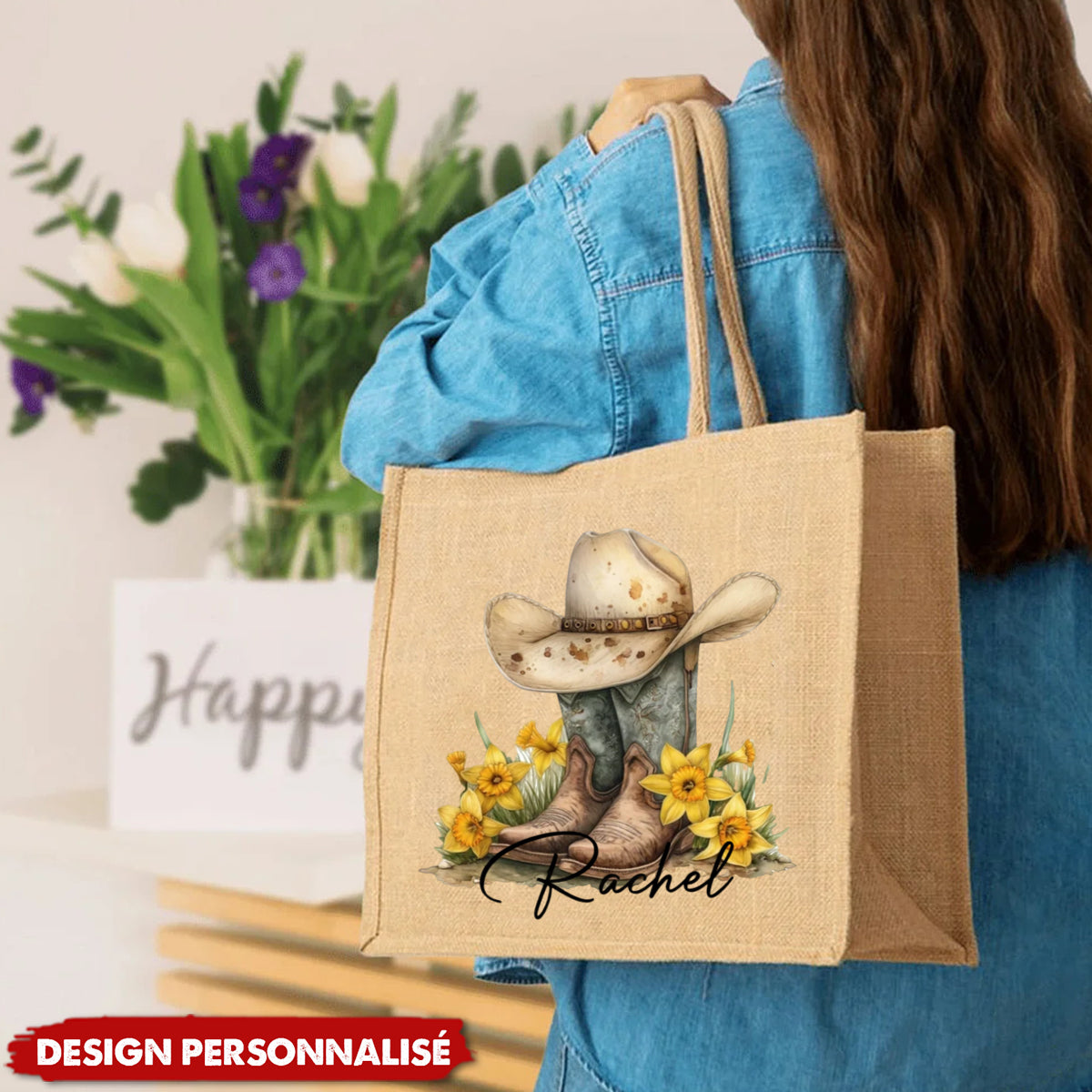Sac Tote Personnalisé avec Fleur de Naissance – Chapeau & Bottes de Cowgirl avec Prénom