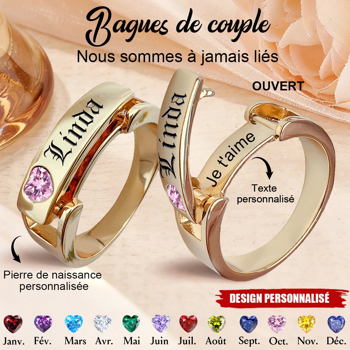 Bague personnalisée avec message caché et pierre de naissance - Cadeau de Saint-Valentin pour couple