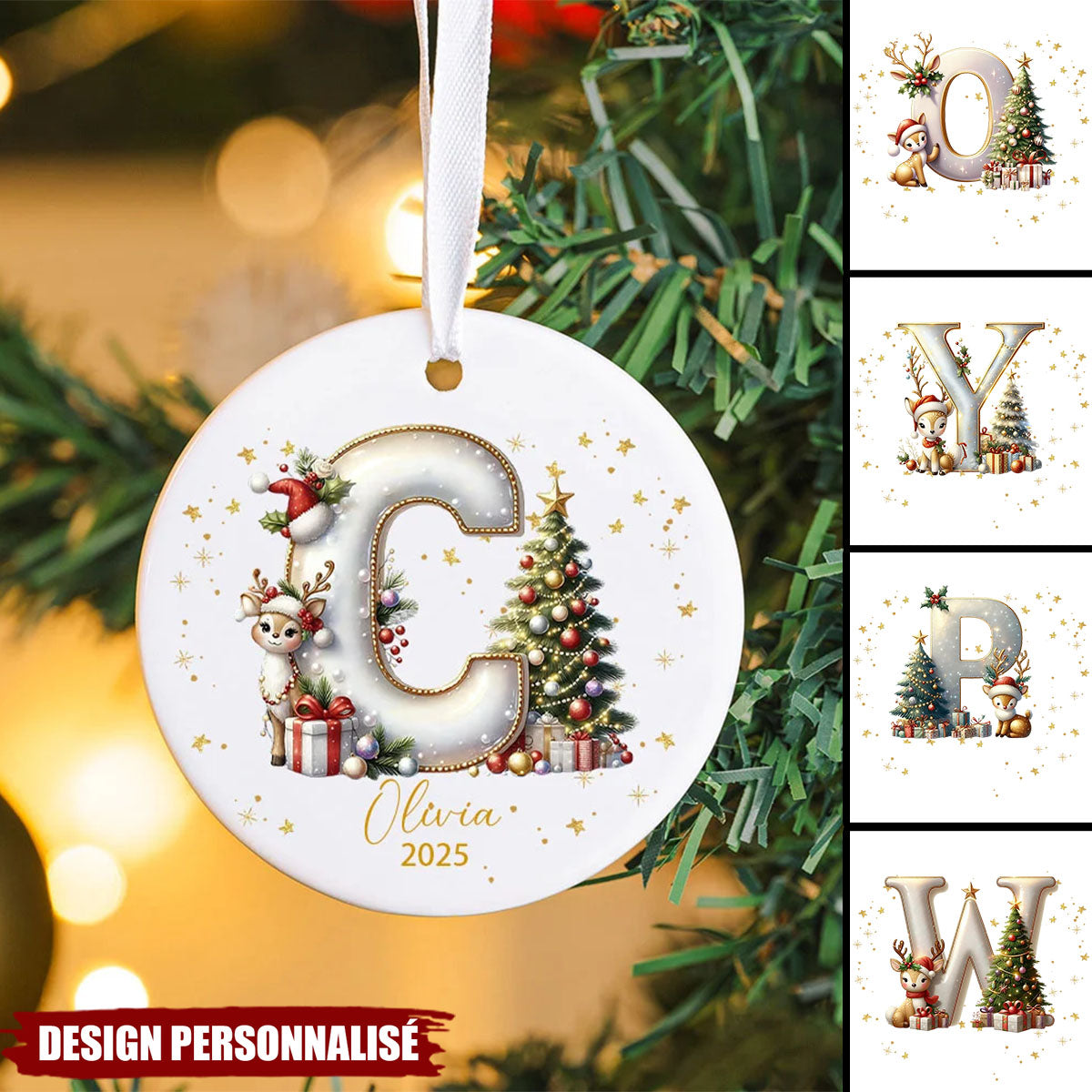 Décoration de Noël Personnalisée avec Initiale – Cerf et Sapin Magiques 2025