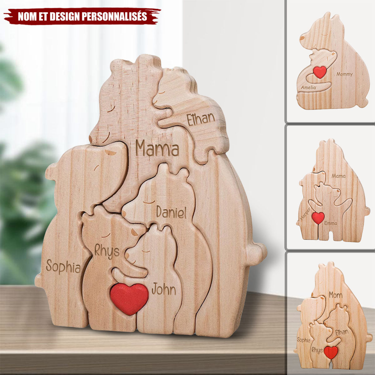 Puzzle Familial en Bois - Ours Personnalisé - Cadeau Fête des Mères