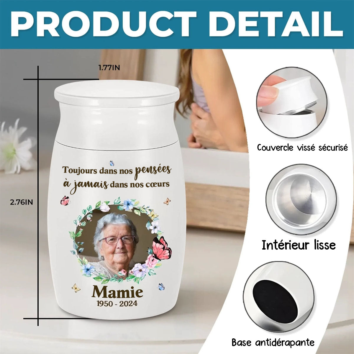 Urne Commémorative Personnalisée avec Photo et Message – En Mémoire d’un Être Cher