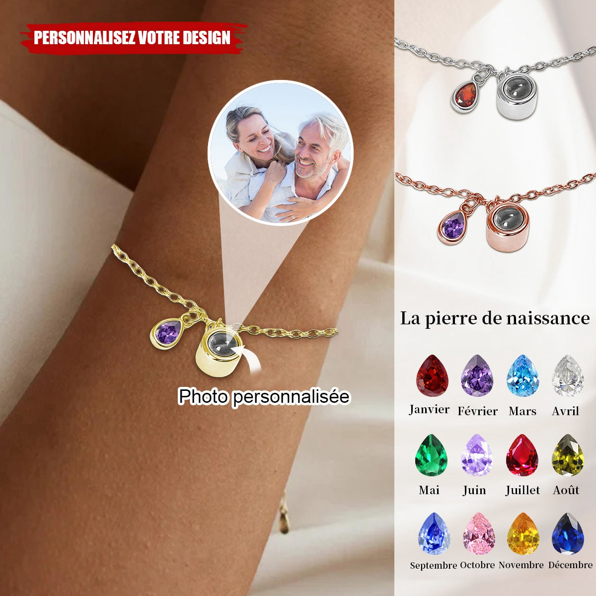 Bracelet Photo Personnalisé avec Pierre de Naissance – Cadeau Sentimental pour Couple