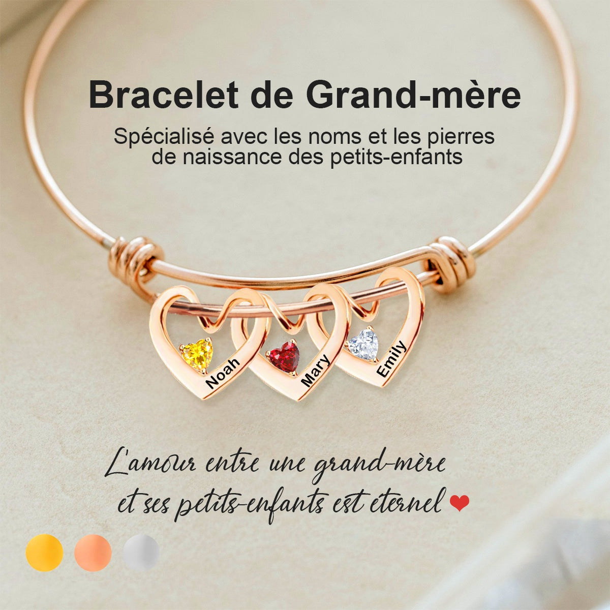 Bracelet personnalisé pour Grand-mère avec pierres de naissance – Prénoms des petits-enfants gravés