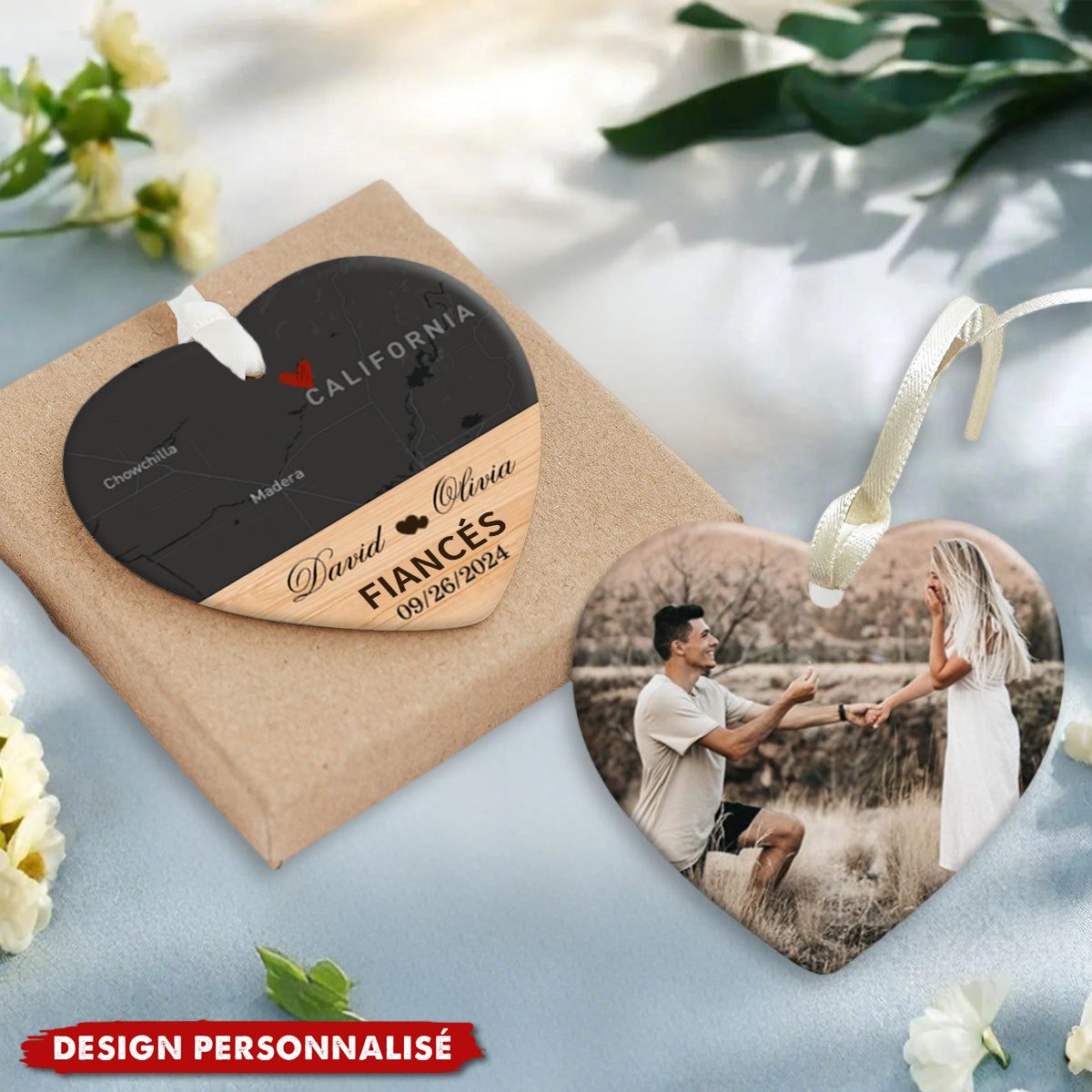 Décoration en Céramique Personnalisée – Engagement avec Carte et Photo