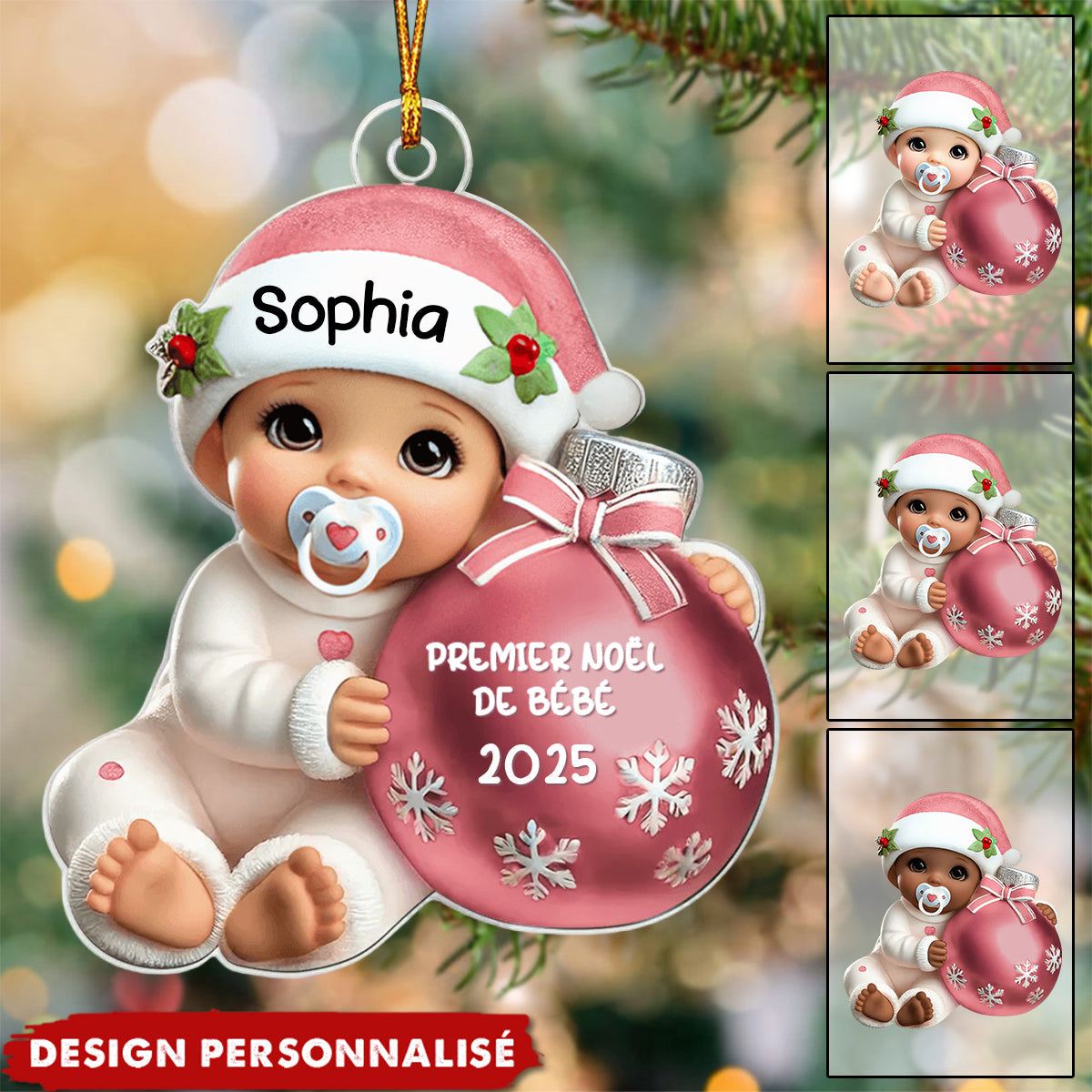 Suspension Acrylique Personnalisée 3D –  Bébé à côté d'une boule de Noël