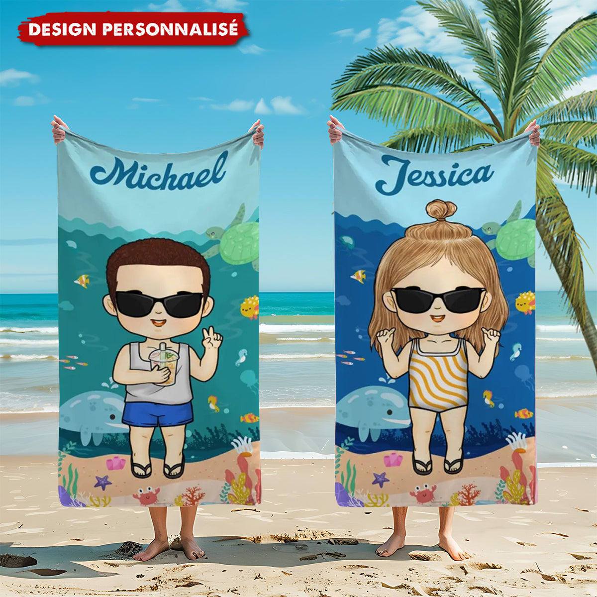 Été, Plage, Piscine, Voyage et Enfant –Serviette de Plage Personnalisée