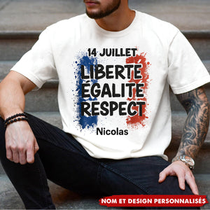 T-shirt 14 Juillet Personnalisé – Liberté, Égalité, Respect + Prénom