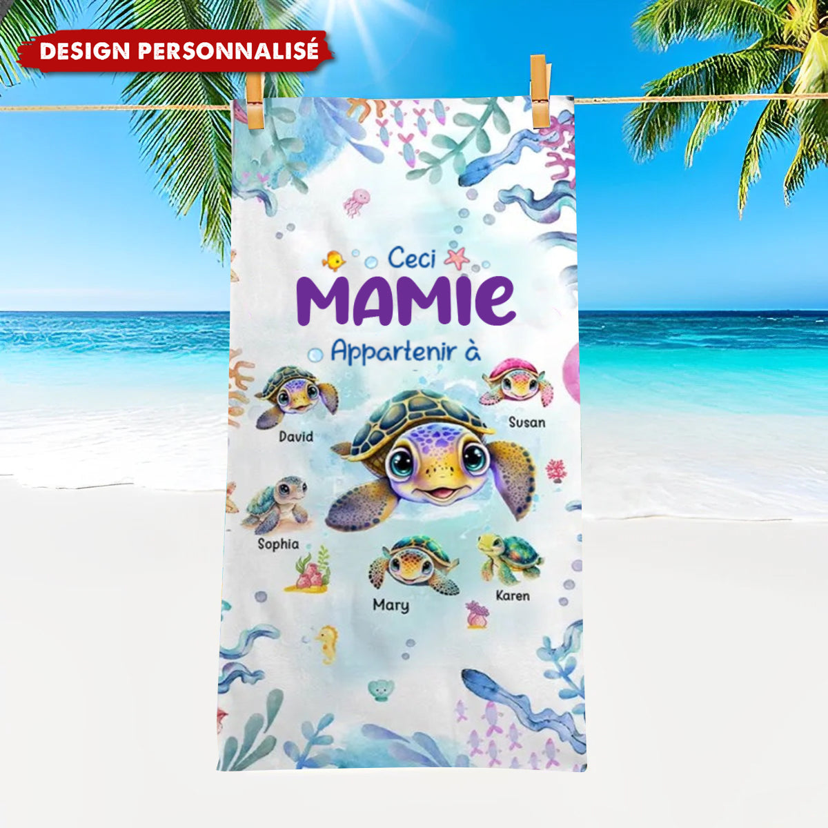 Serviette de Plage Personnalisée Mamie et Petites Tortues