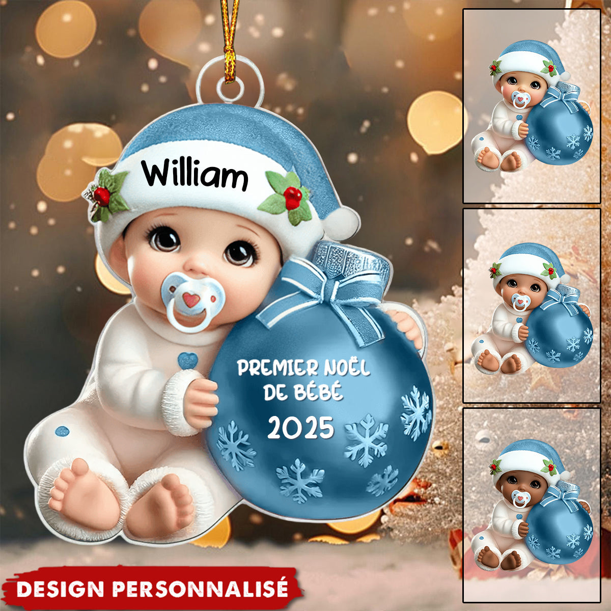 Suspension Acrylique Personnalisée 3D –  Bébé à côté d'une boule de Noël