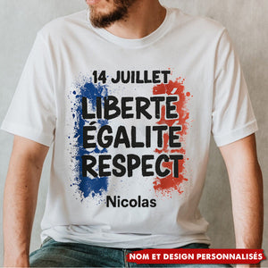 T-shirt 14 Juillet Personnalisé – Liberté, Égalité, Respect + Prénom