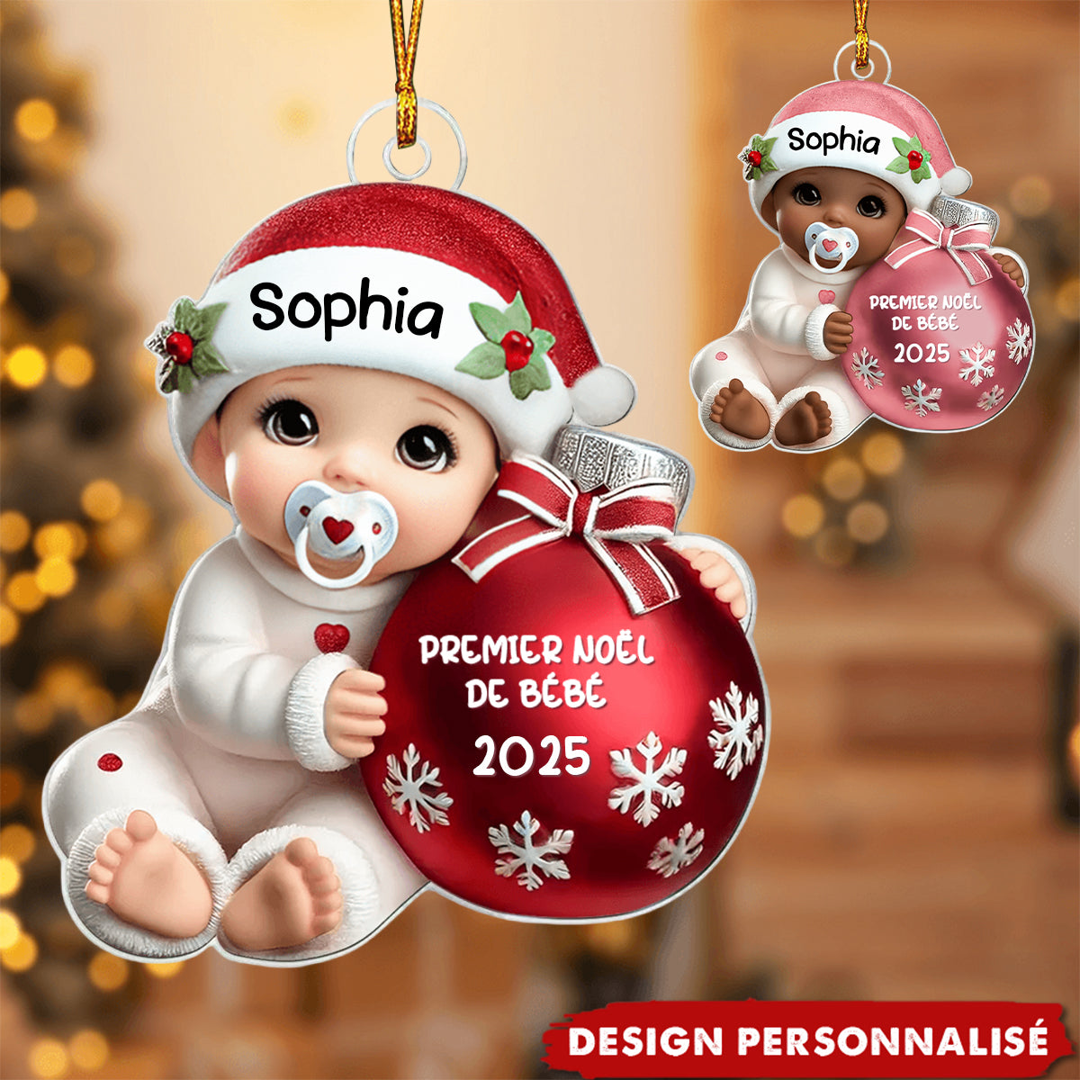 Suspension Acrylique Personnalisée 3D –  Bébé à côté d'une boule de Noël