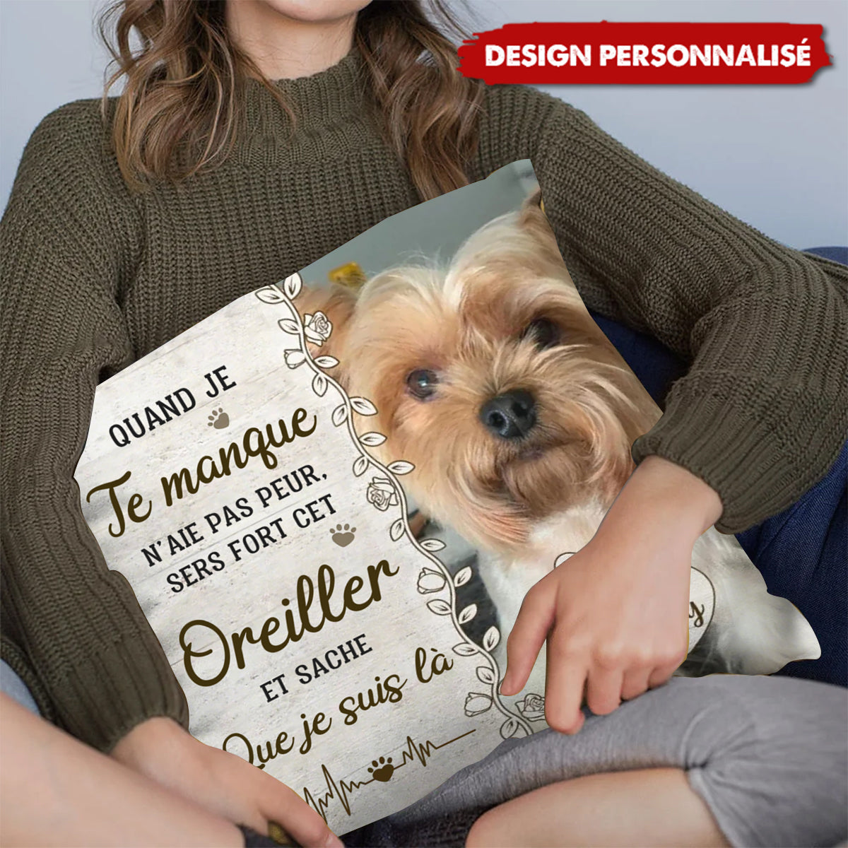Coussin Personnalisé avec Photo de Chien et Message d’Amour – Cadeau Émotionnel et Réconfortant