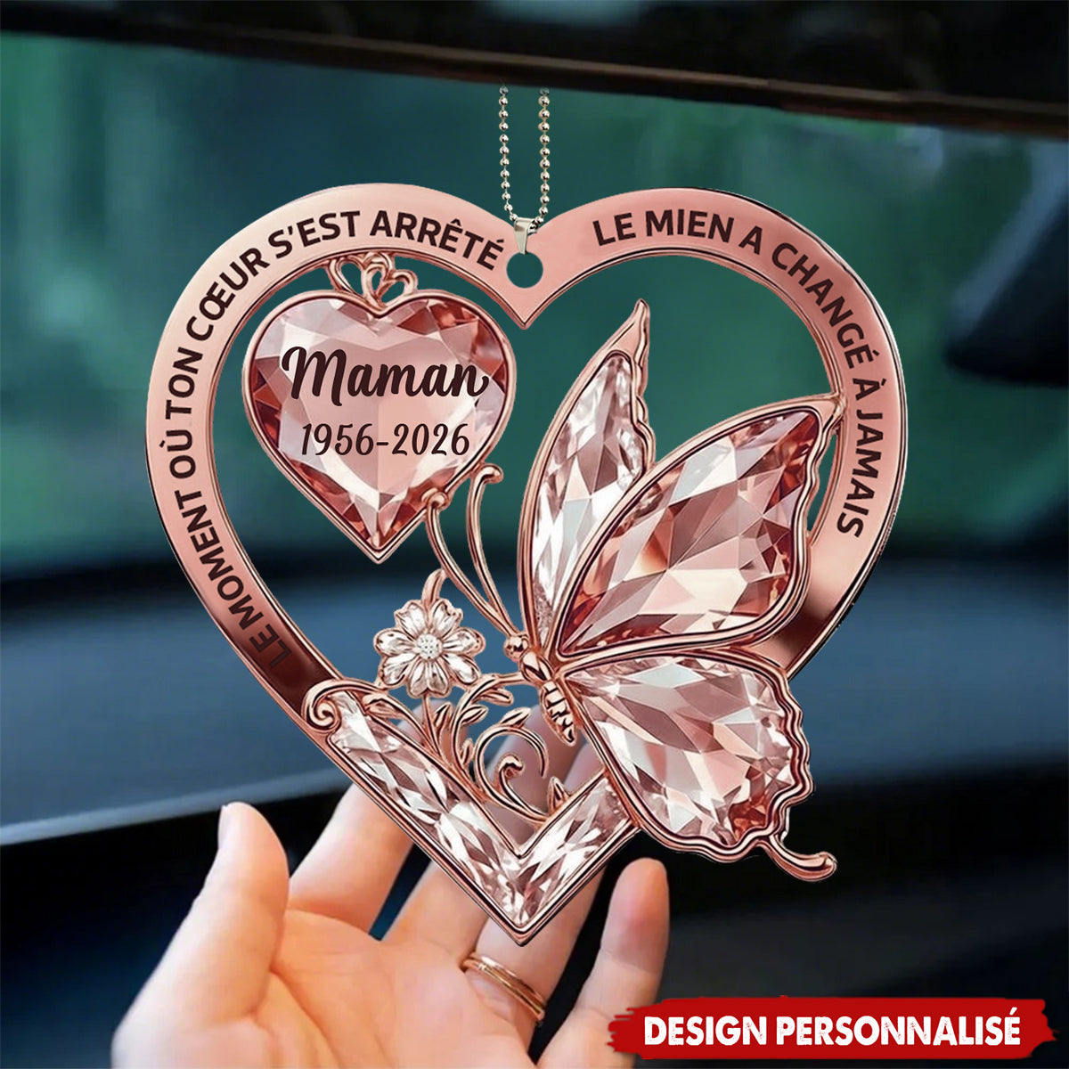 Ornement de Voiture Personnalisé au Papillon et Cœur - Hommage Brillant pour Votre Être Cher
