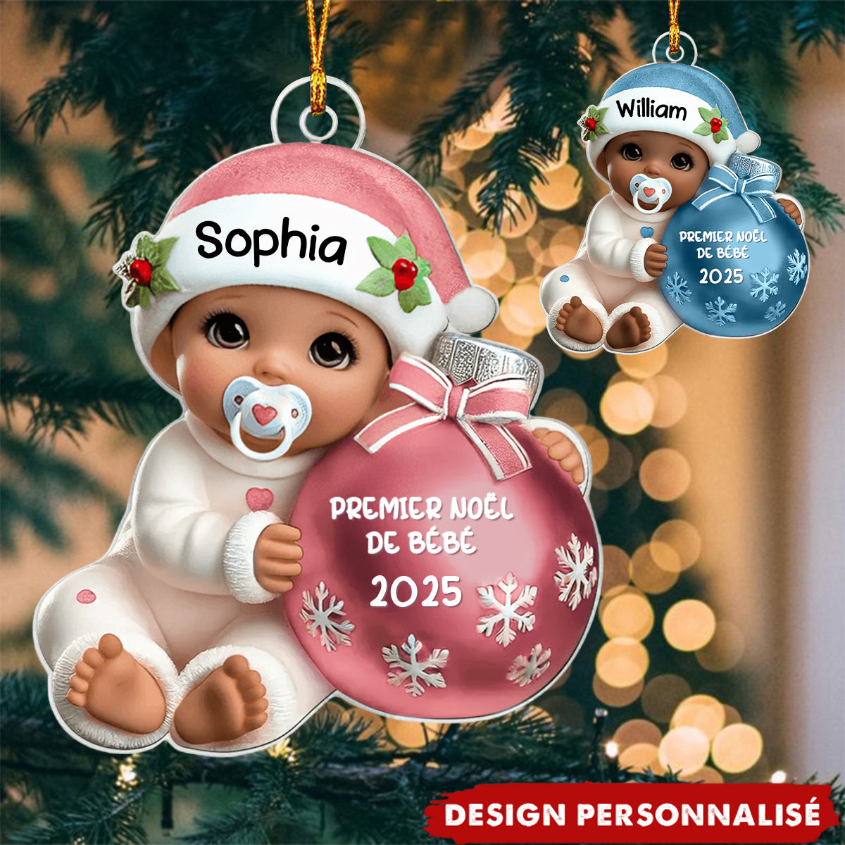 Suspension Acrylique Personnalisée 3D –  Bébé à côté d'une boule de Noël